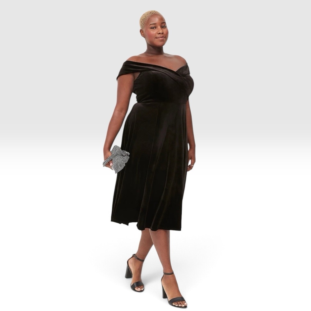 Lane Bryant Black Velvet Midi Dress Plus Size 24 3X Cocktail Off The Shoulder